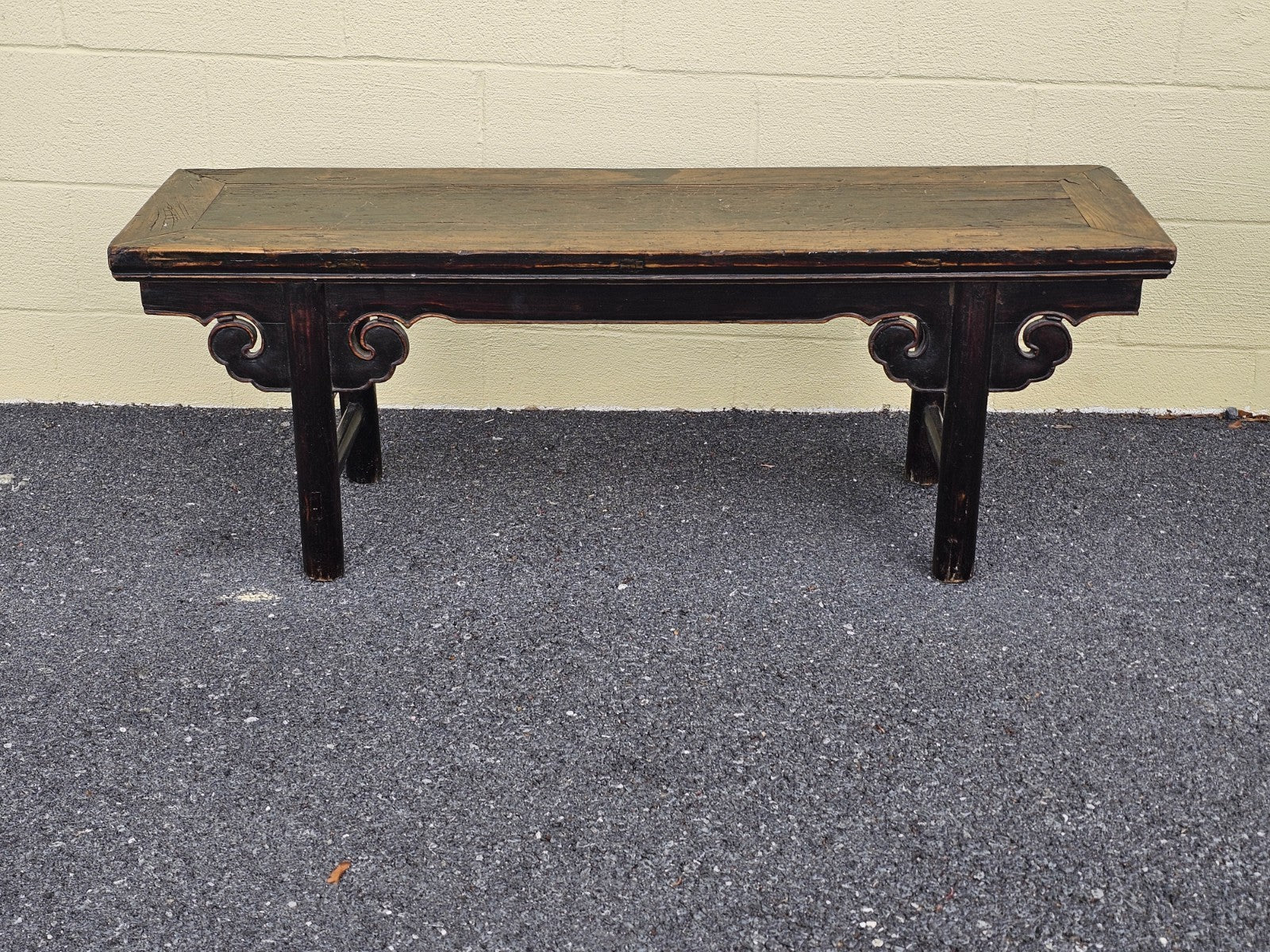 19th Century Antique Chinese Elm Wood Carved Short Table Bench Tongue & Groove