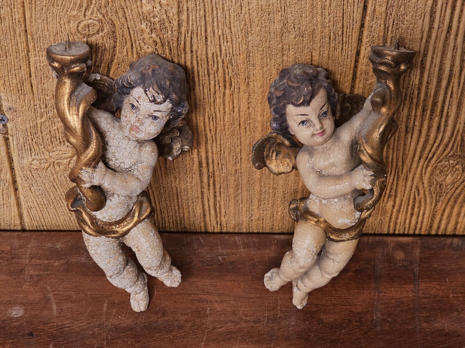 Pair Of Antique 19th Century Italian Cherub Sconces Hand Carved Painted 9in Tall