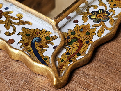 Vtg Reverse Hand Painted Glass Mirror On Wood With Gold Leaf & Ornate Medallions