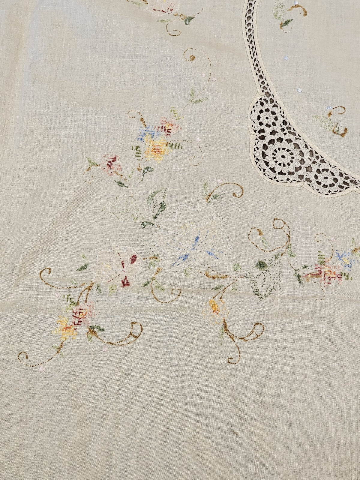 Vintage Handmade Linen Needlepoint Floral Table Cloth Cross Stitched 80" X 64"