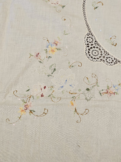 Vintage Handmade Linen Needlepoint Floral Table Cloth Cross Stitched 80" X 64"