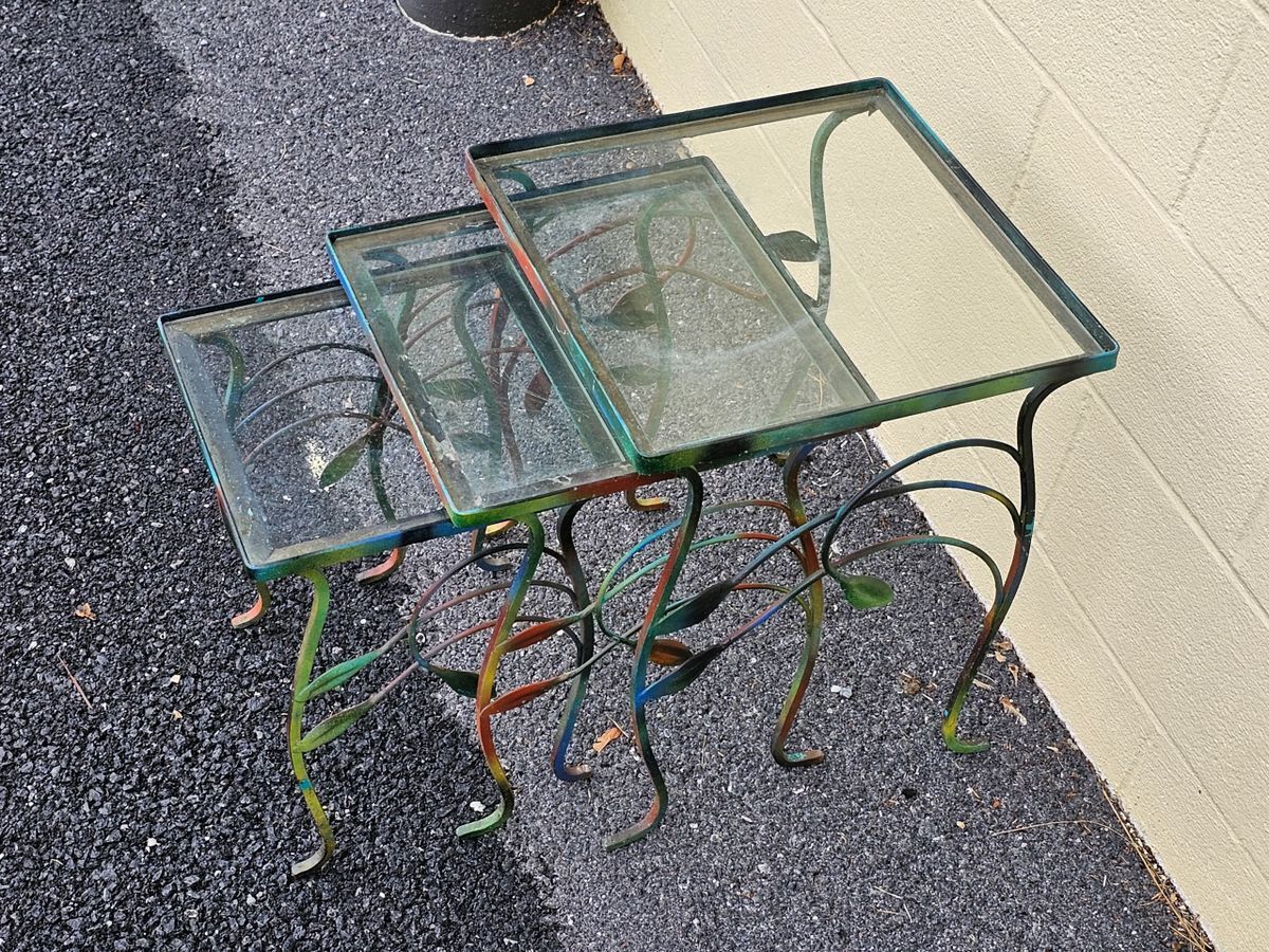 Mid Century Iron Metal Outdoor Nesting Tables w Colorful Leaf Design