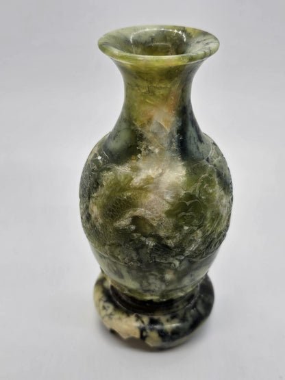 Vtg Chinese Green Jade Like Soapstone Vase With Dragon & Original Tag 6" Tall