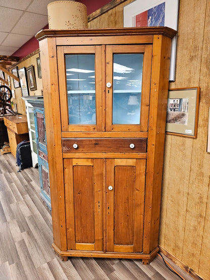 Antique Primitive Pine Corner Cabinet w Glass Panel Doors & Porcelain Pulls