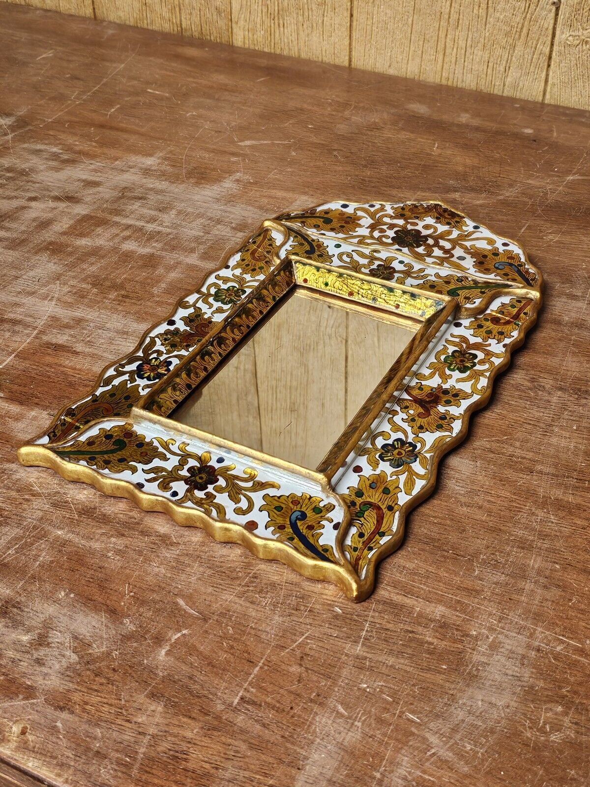 Vtg Reverse Hand Painted Glass Mirror On Wood With Gold Leaf & Ornate Medallions