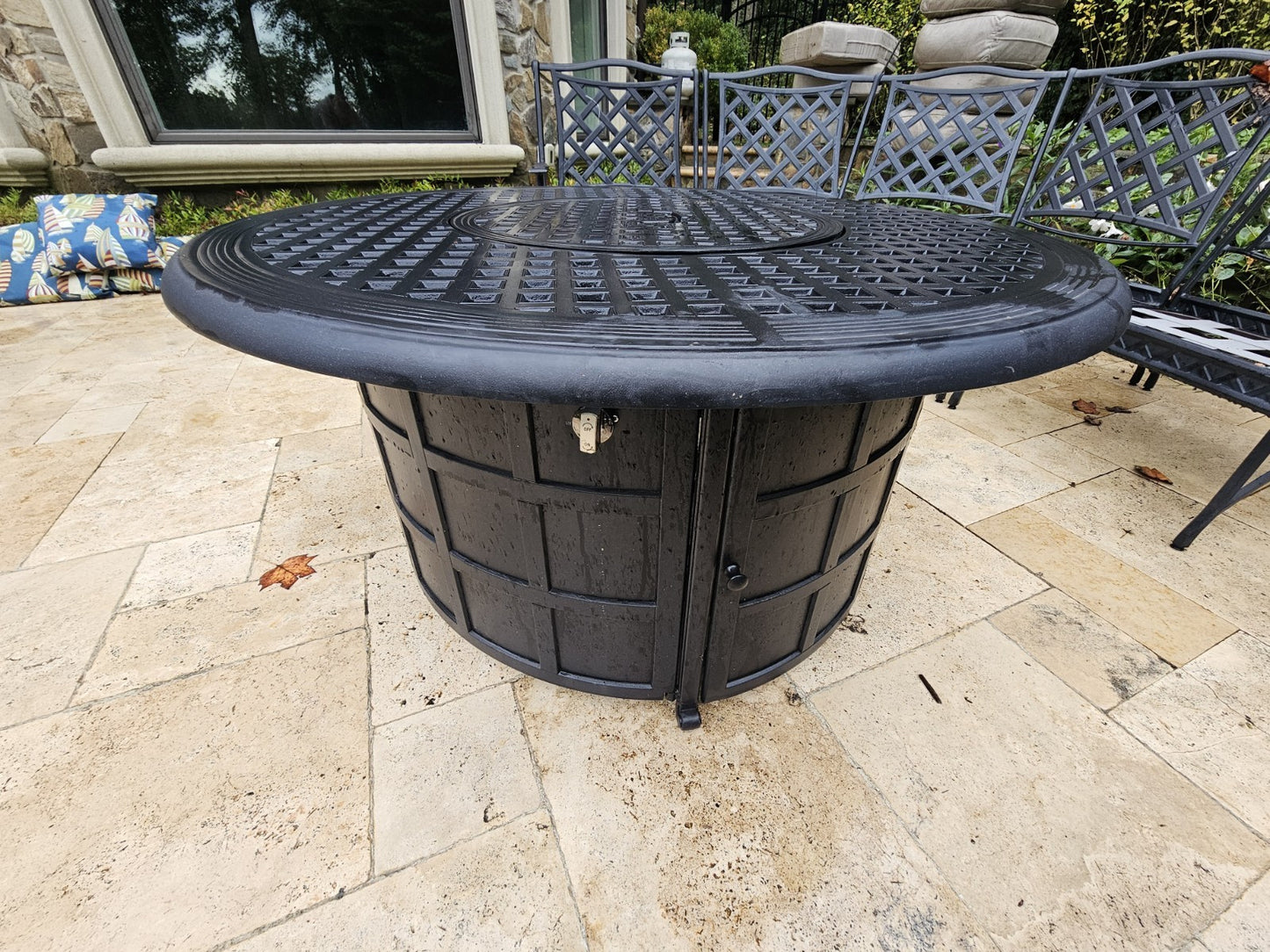Outdoor Cast Aluminum Conversation Set Swivel Chairs Firepit Grand Terrace Style