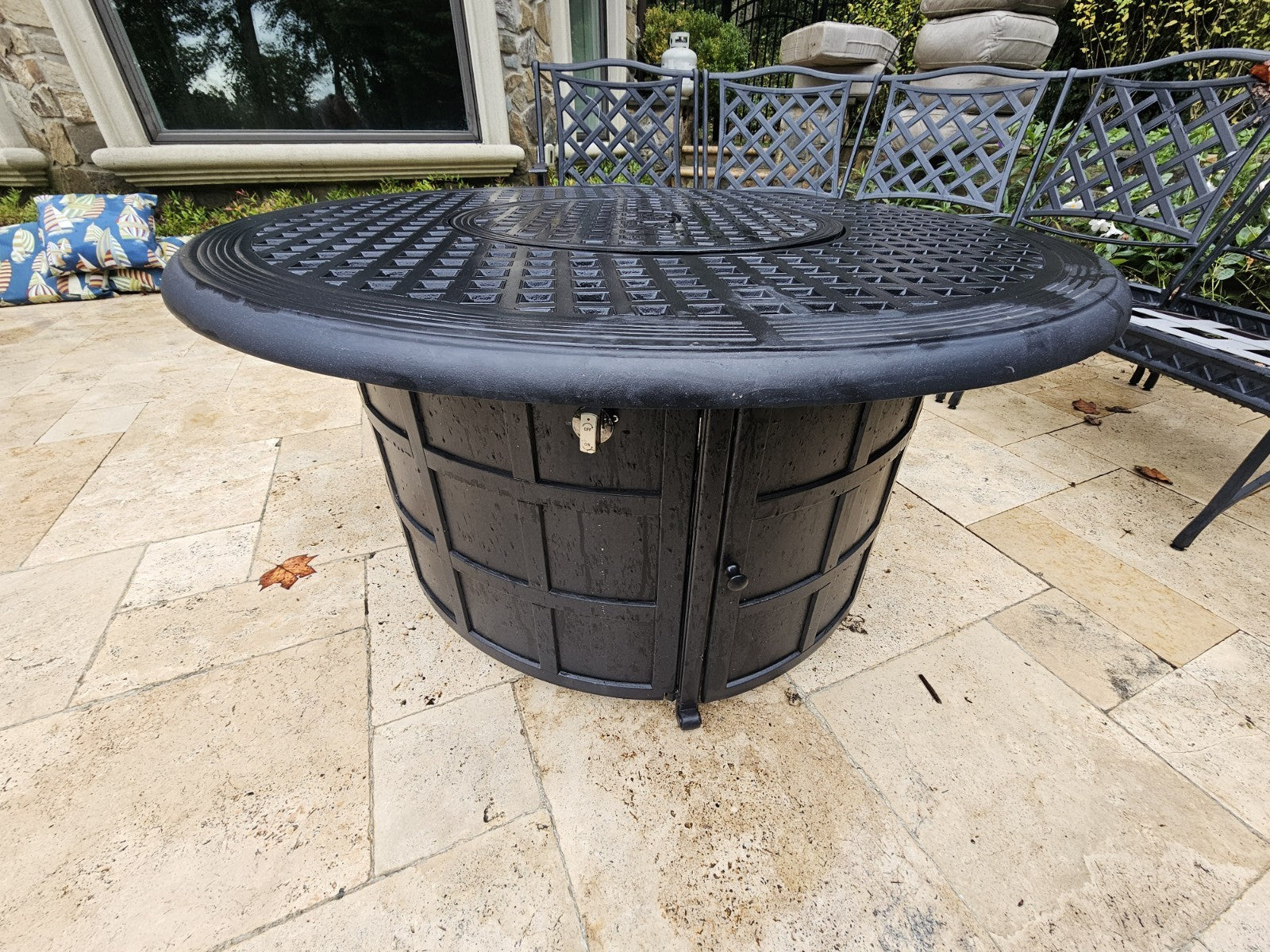 Outdoor Cast Aluminum Conversation Set Swivel Chairs Firepit Grand Terrace Style
