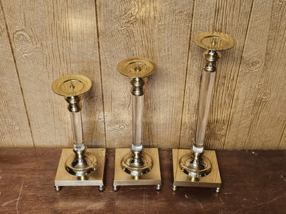 Vtg MCM Brass & Lucite Candle Holders Set Of Three 18.5 T X 16 T X 13.5 T 