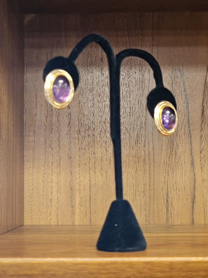 Vtg 14K Yellow Gold Oval Amethyst Cabochon Earrings 7 Grams 1 In Long
