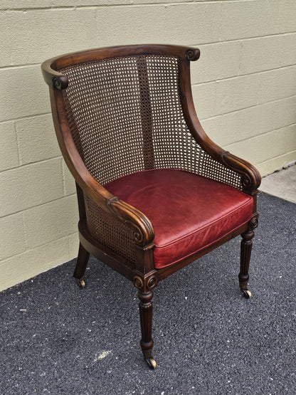 Vtg Regency Style Bergere Cane & Leather Armchair W Original Brass Casters 