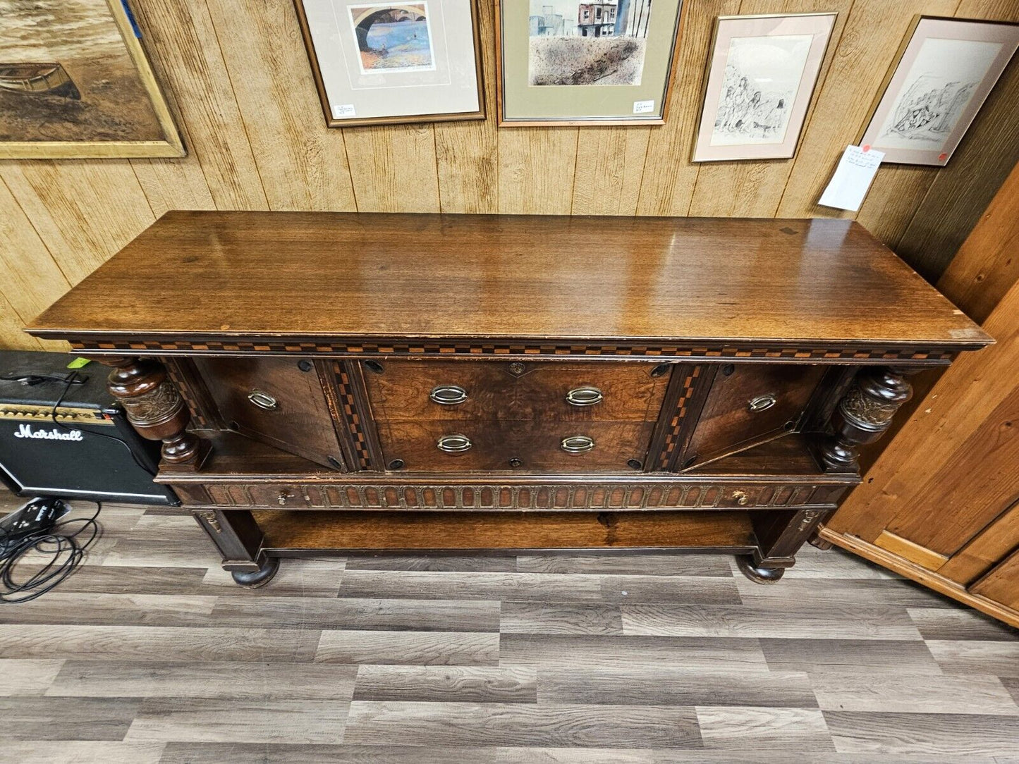 Antique Oak Sideboard Cabinet W Carved Columns & Checkered Inlay 3 Drawers