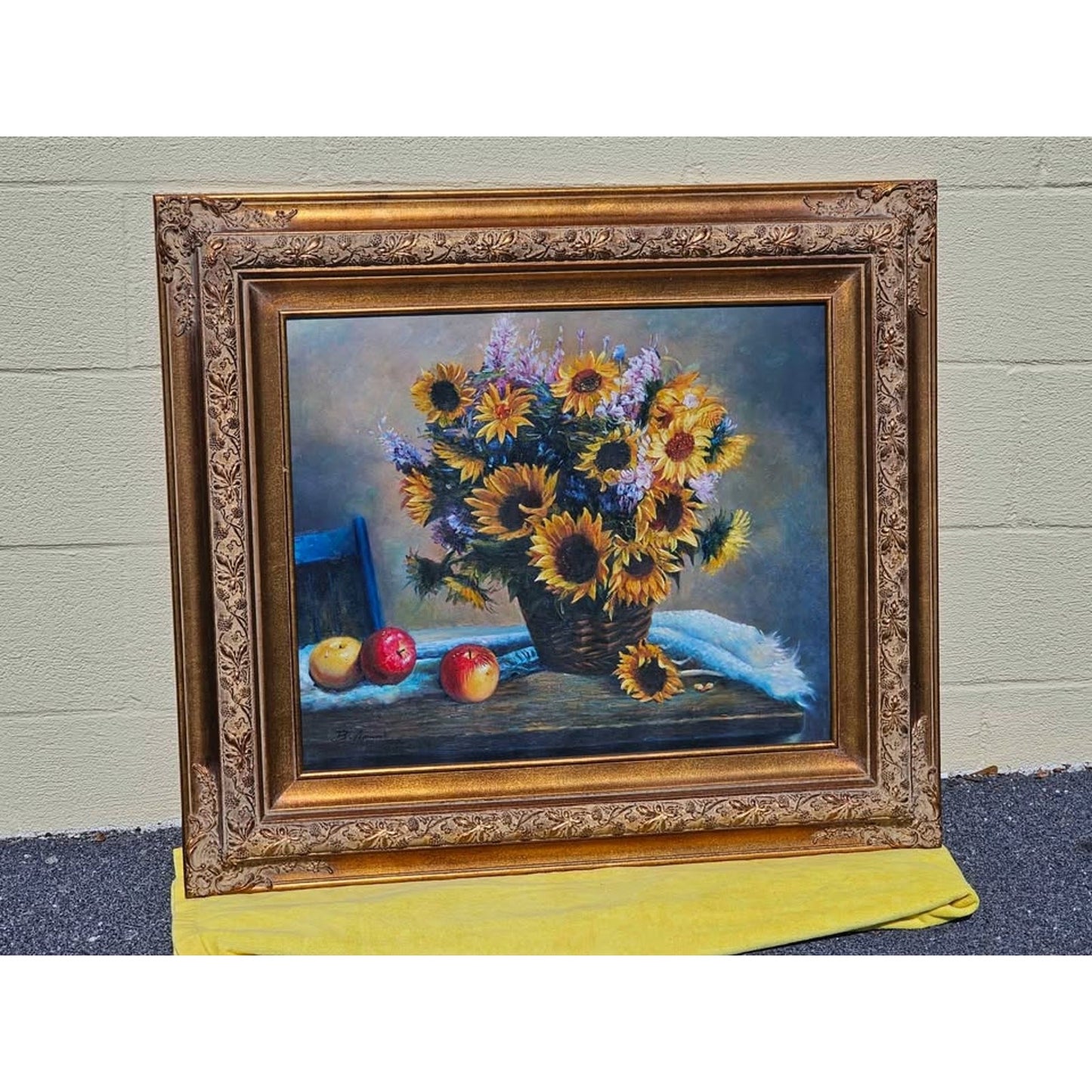 Original Still Life Painting Oil Painting of Sunflowers & Fruit w Ornate Frame