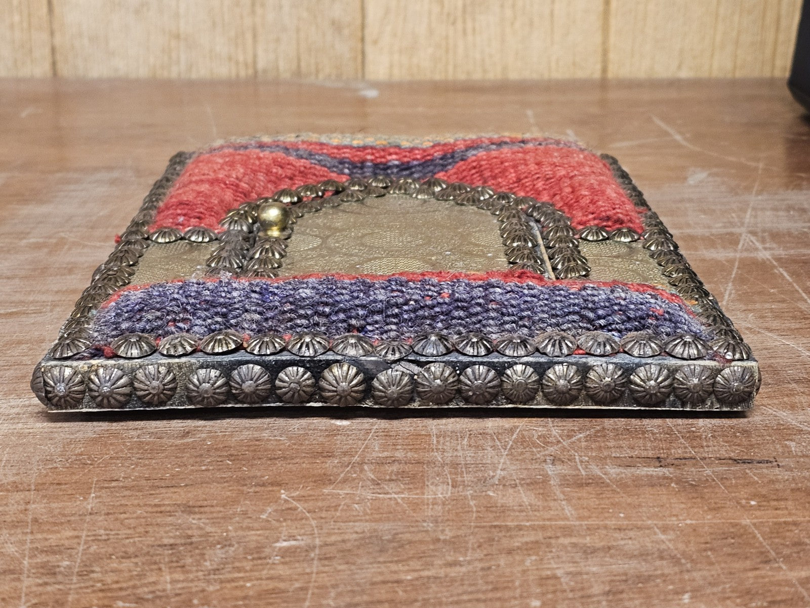 Vtg Indian Handmade Hand Stitched Jharokha Brass Wood Fabric Wall Mirror 