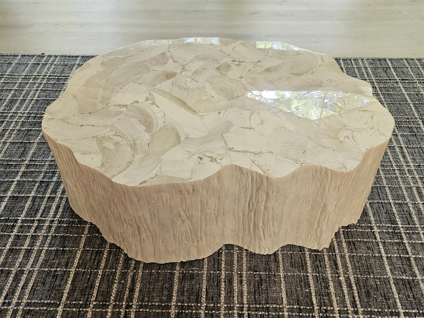 Fossilized Clam Shell Coffee Table On Cast Natural Tree Trunk Base By Camilla