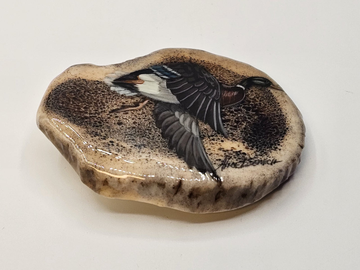 Vtg Alice Semich Elk Antler Belt Buckle W  Hand Painted Mallard Duck 3.25 Inch