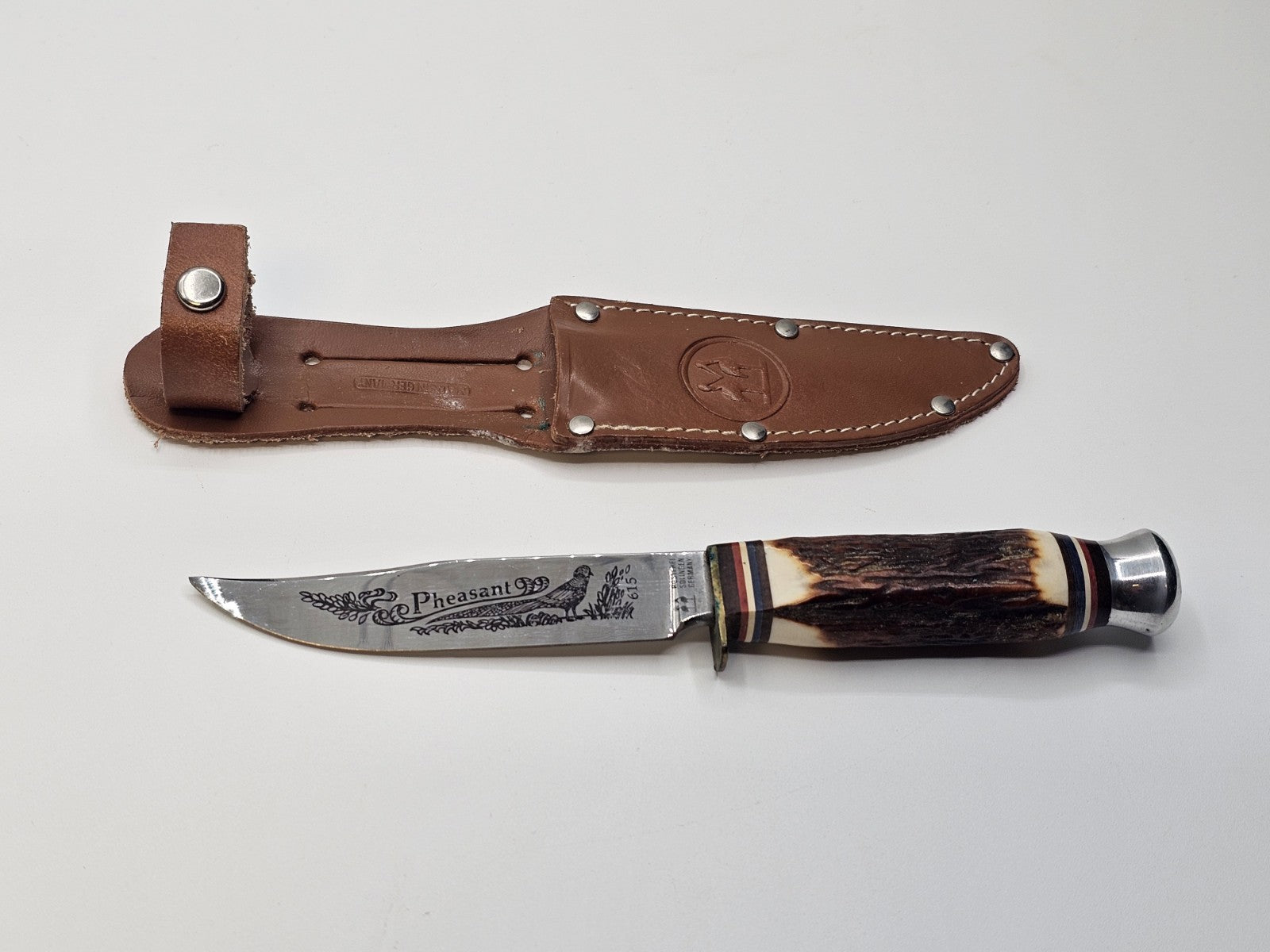 Rostfrei Solingen Germany Stag Horn Hunting Knife Engraved Blade Advertising 8" 