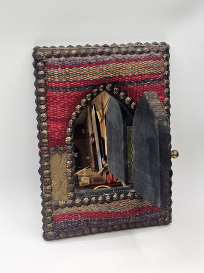 Vtg Indian Handmade Hand Stitched Jharokha Brass Wood Fabric Wall Mirror 