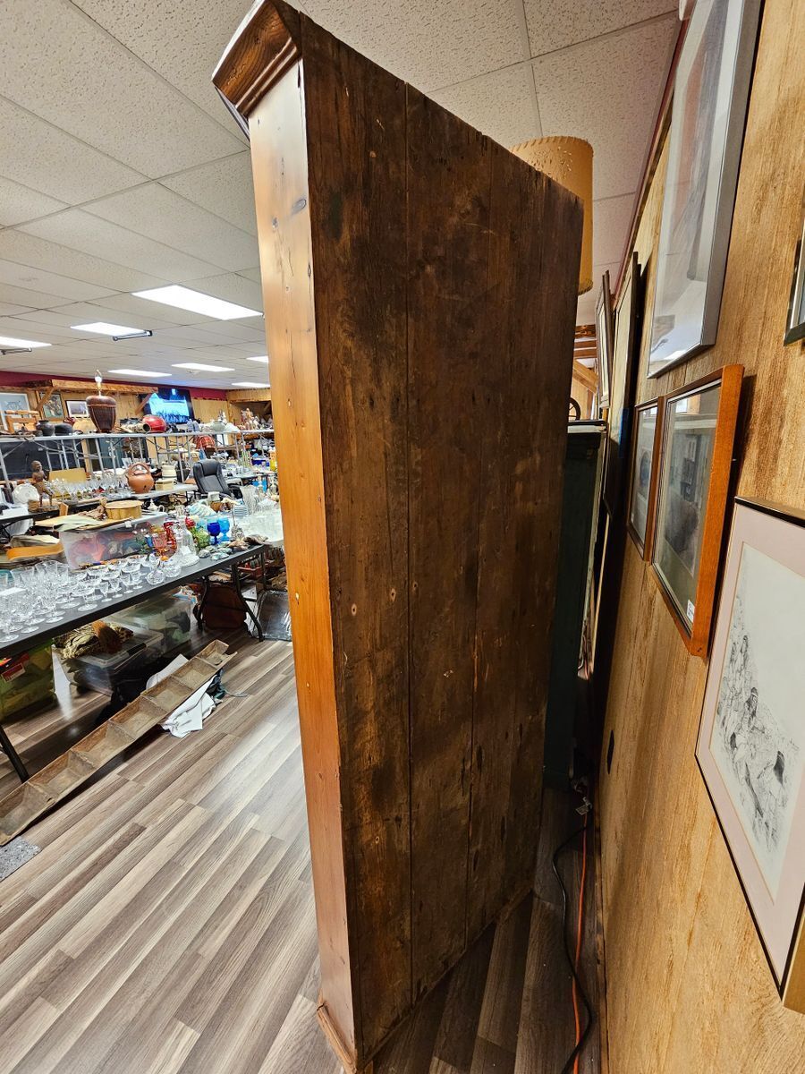 Antique Primitive Pine Corner Cabinet w Glass Panel Doors & Porcelain Pulls