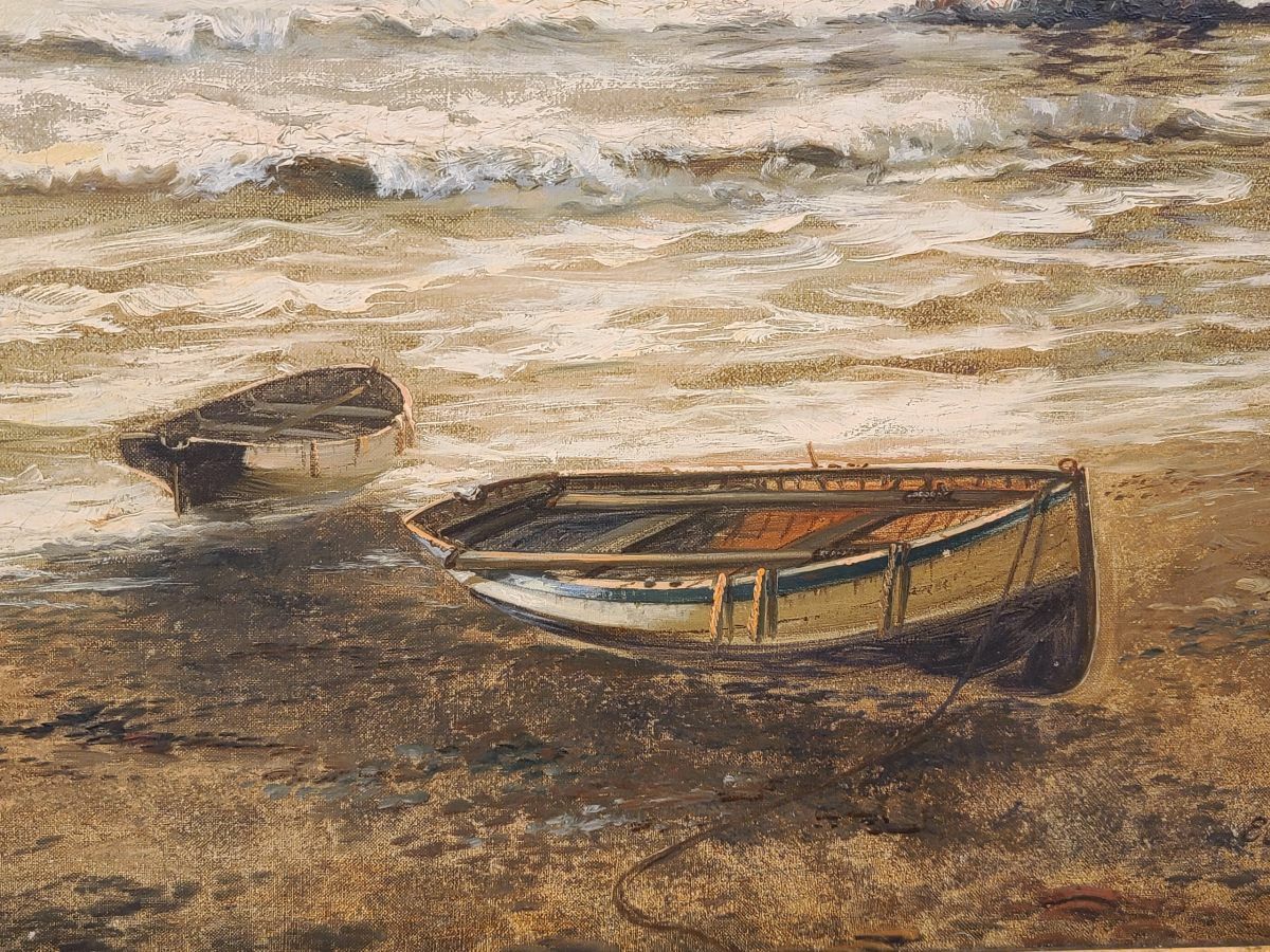Original Eugene Fletcher Oil on Canvas English Water Pier Boat Scene (1857-1945)