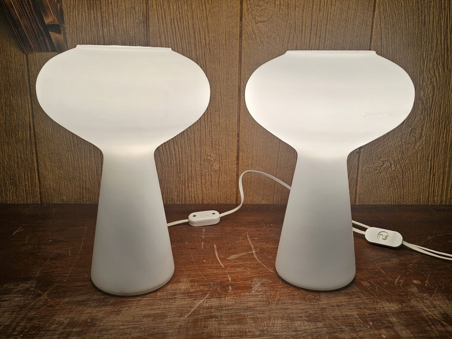 Mid Century MCM Mushroom Lamp Pair Frosted Glass By Gilbert 11.75 In Tall