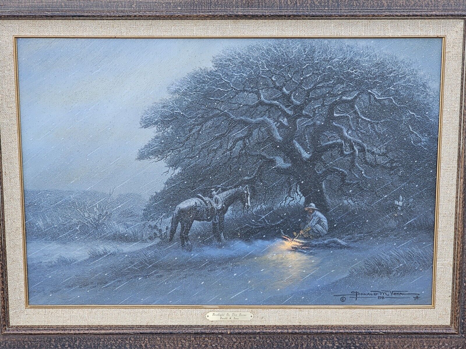 Donald Yena Original Oil Painting Firelight On The Snow Texas Cowboy Western Art