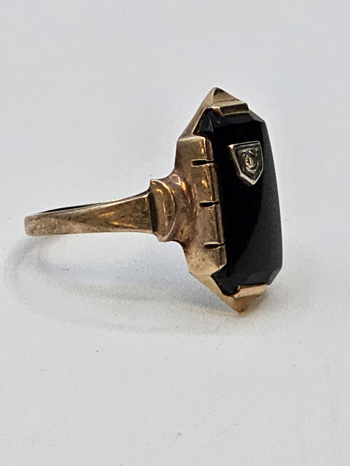 Vtg 10K Yellow Gold Black Onyx Diamond? Clear Stone Ring Size 8 Hallmarked 2.7 G