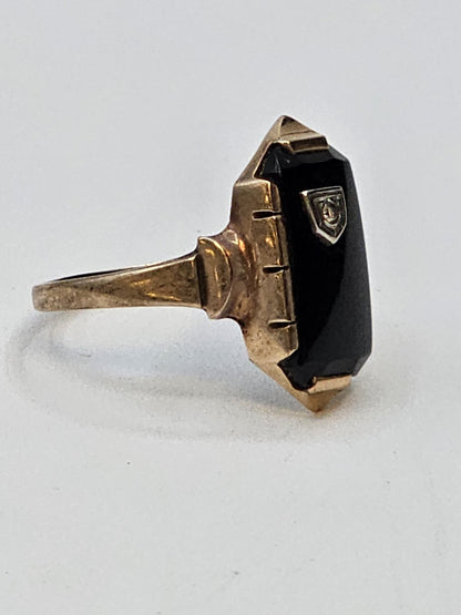 Vtg 10K Yellow Gold Black Onyx Diamond? Clear Stone Ring Size 8 Hallmarked 2.7 G