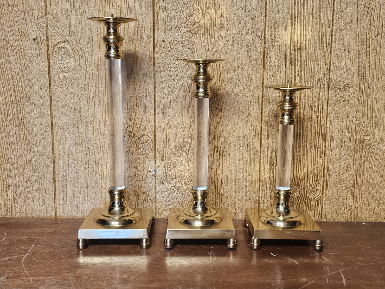 Vtg MCM Brass & Lucite Candle Holders Set Of Three 18.5 T X 16 T X 13.5 T 