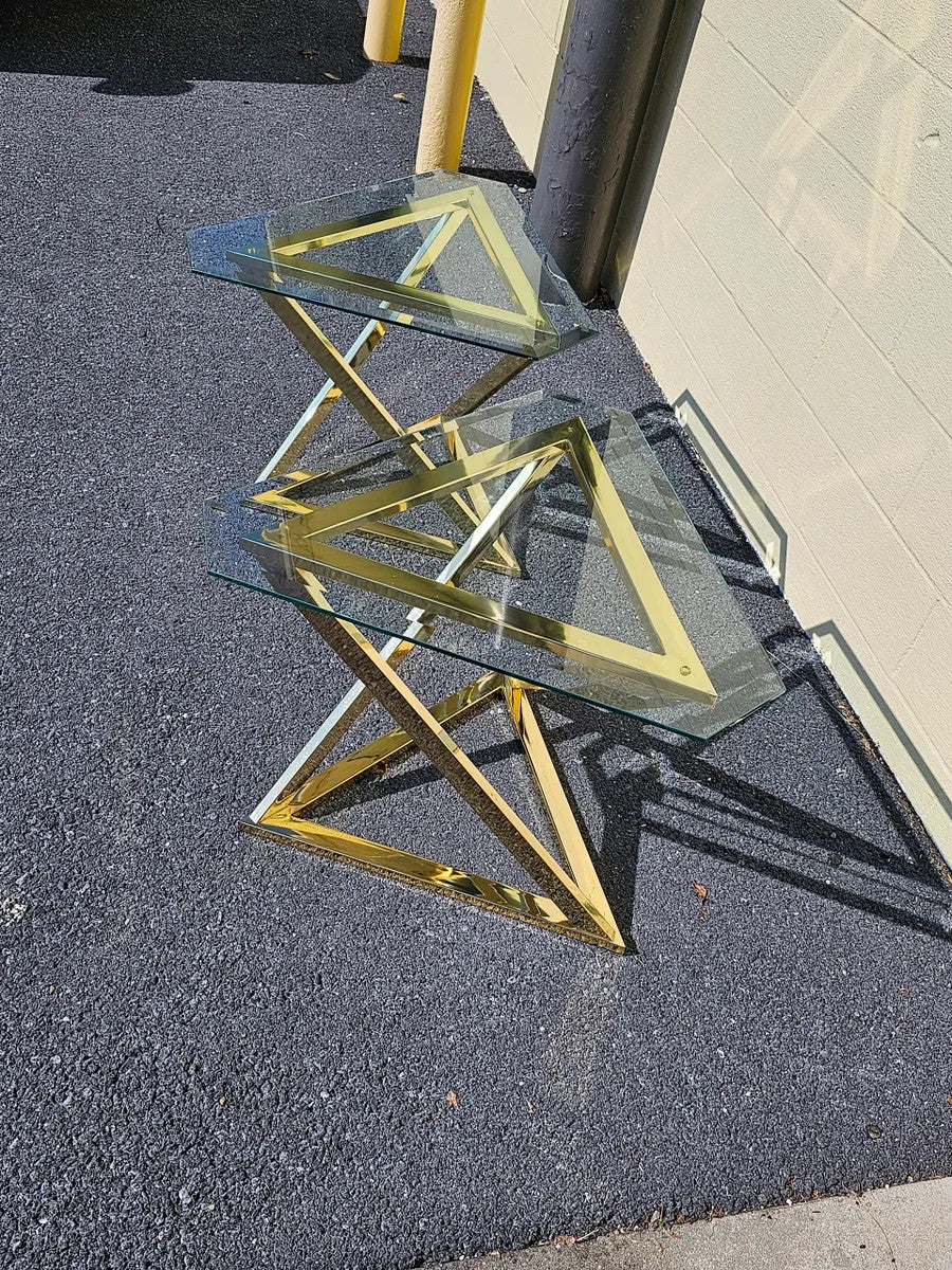 MCM Abstract Triangular Brass Base w Glass Top Accent End Tables