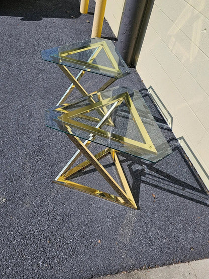 MCM Abstract Triangular Brass Base w Glass Top Accent End Tables