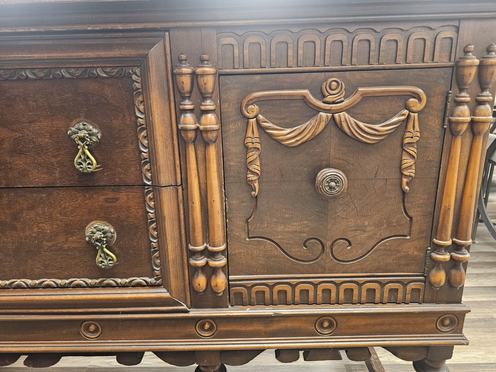 Antique Jacobean Walnut Sideboard Ornately Carved Buffet Server W Brass Hardware