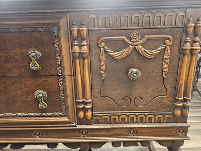 Antique Jacobean Walnut Sideboard Ornately Carved Buffet Server W Brass Hardware