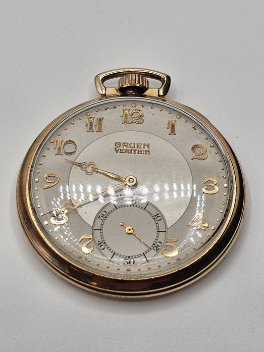 10k Gold Filled Gruen Verithin Pocket Watch Working Condition 