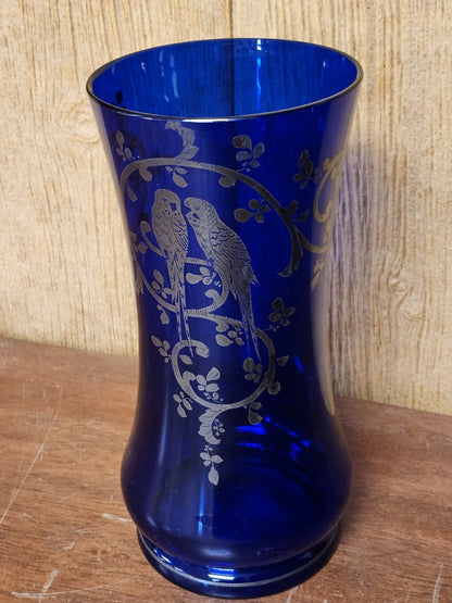 Vtg Czech Cobalt Blue Art Glass Vase With Silver Overlay Parrots Birds 11 " Tall