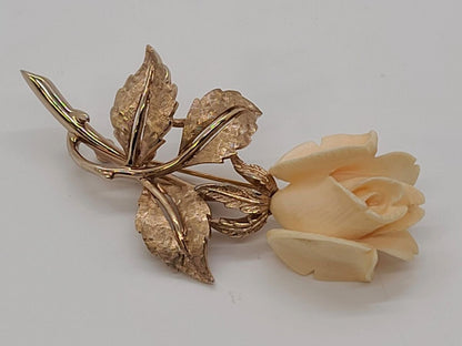 Vintage Boucher Gold Tone Rose Floral Brooch Carved & Signed