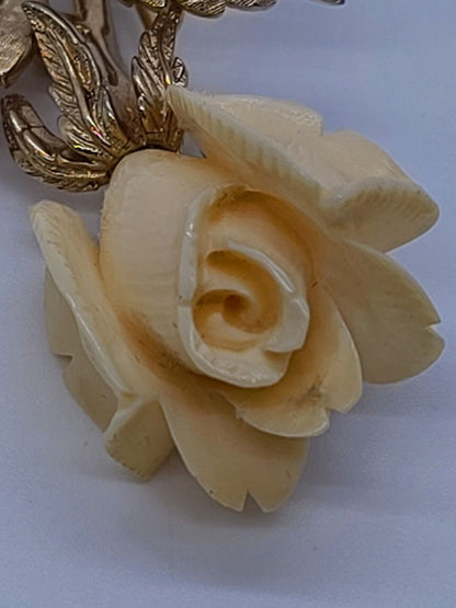 Vintage Boucher Gold Tone Rose Floral Brooch Carved & Signed