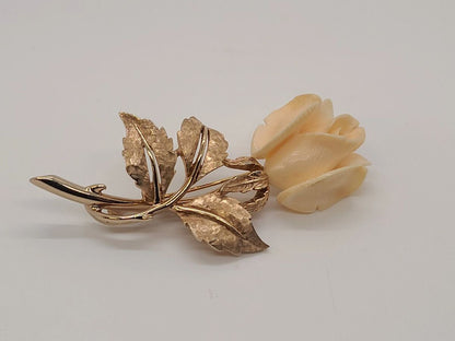 Vintage Boucher Gold Tone Rose Floral Brooch Carved & Signed