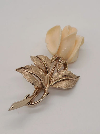 Vintage Boucher Gold Tone Rose Floral Brooch Carved & Signed