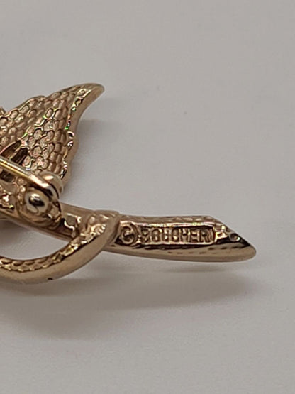Vintage Boucher Gold Tone Rose Floral Brooch Carved & Signed