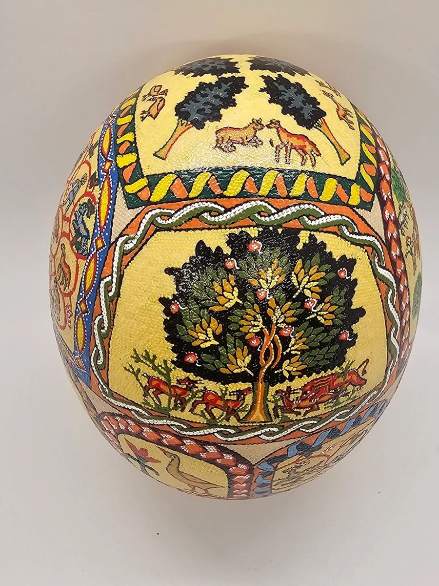 Hand Painted Mosaic Hand Decorated Ostrich Egg Signed High Quality