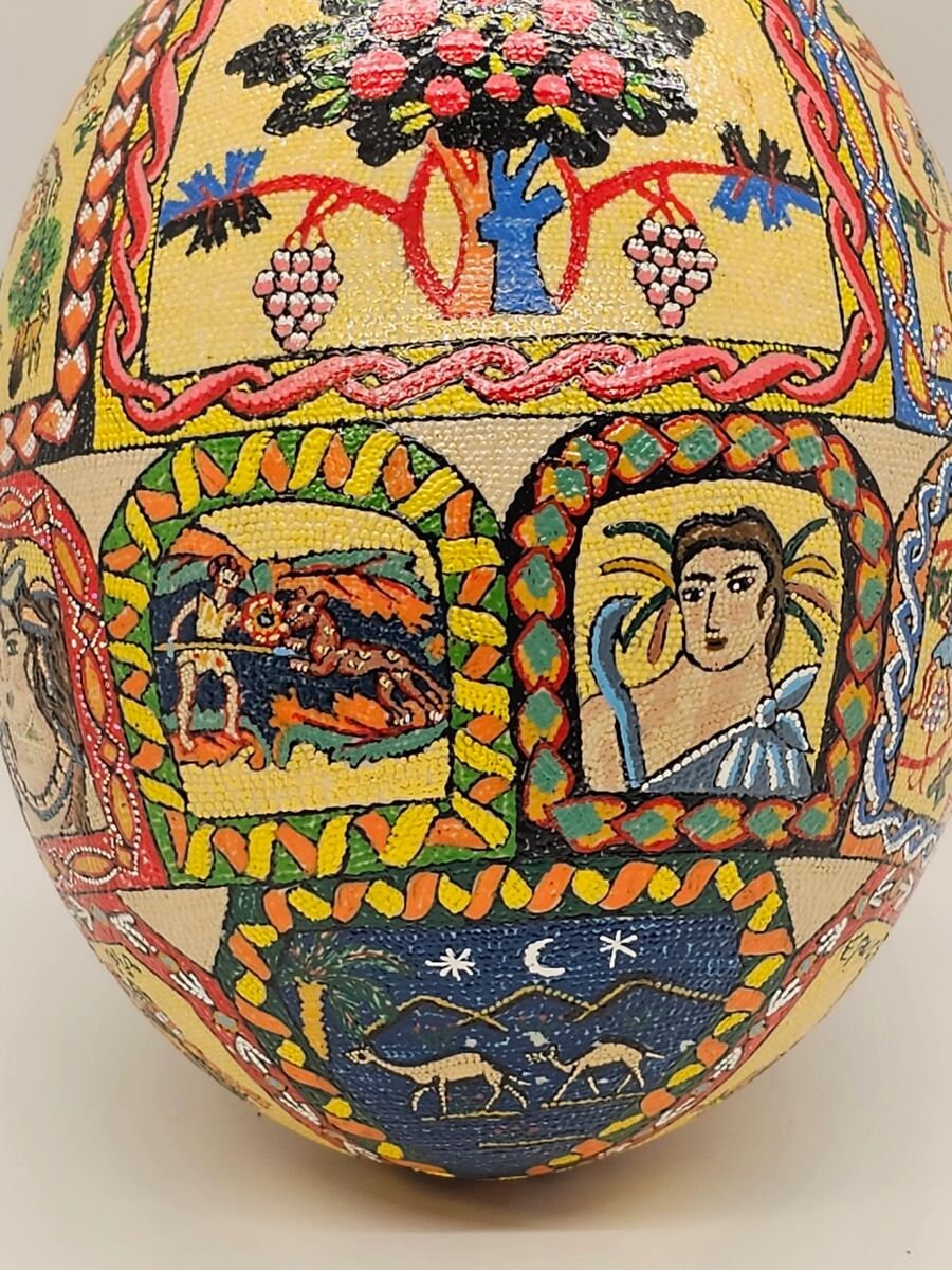 Hand Painted Mosaic Hand Decorated Ostrich Egg Signed High Quality