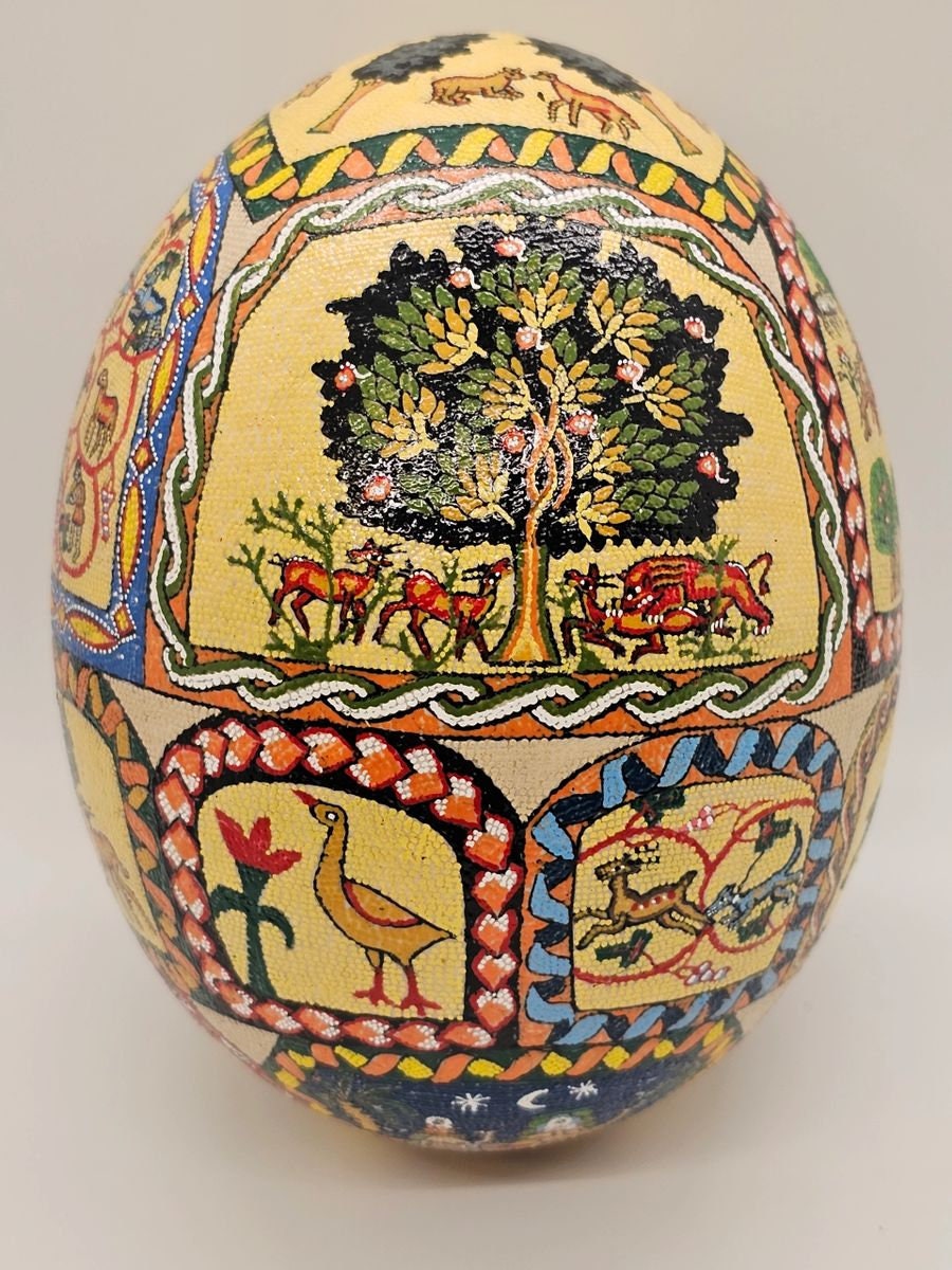 Hand Painted Mosaic Hand Decorated Ostrich Egg Signed High Quality