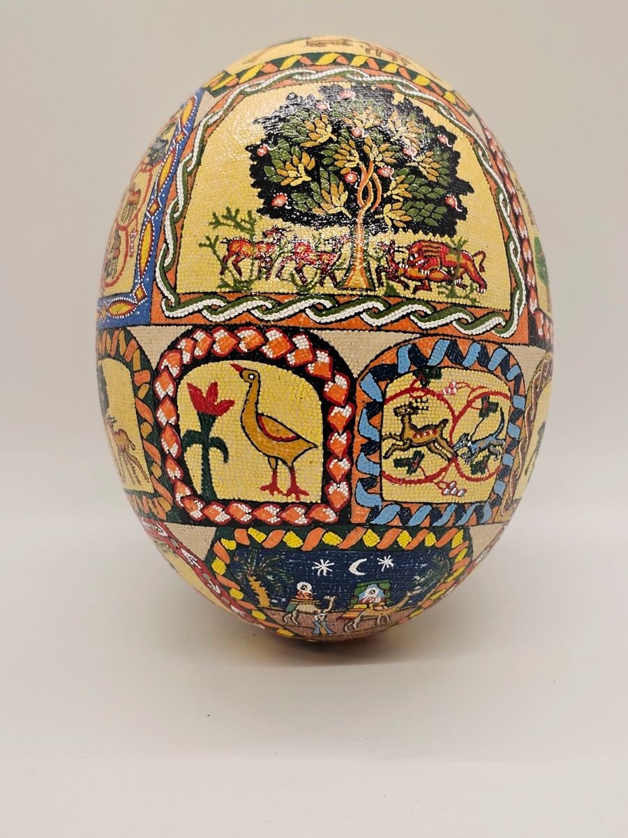 Hand Painted Mosaic Hand Decorated Ostrich Egg Signed High Quality