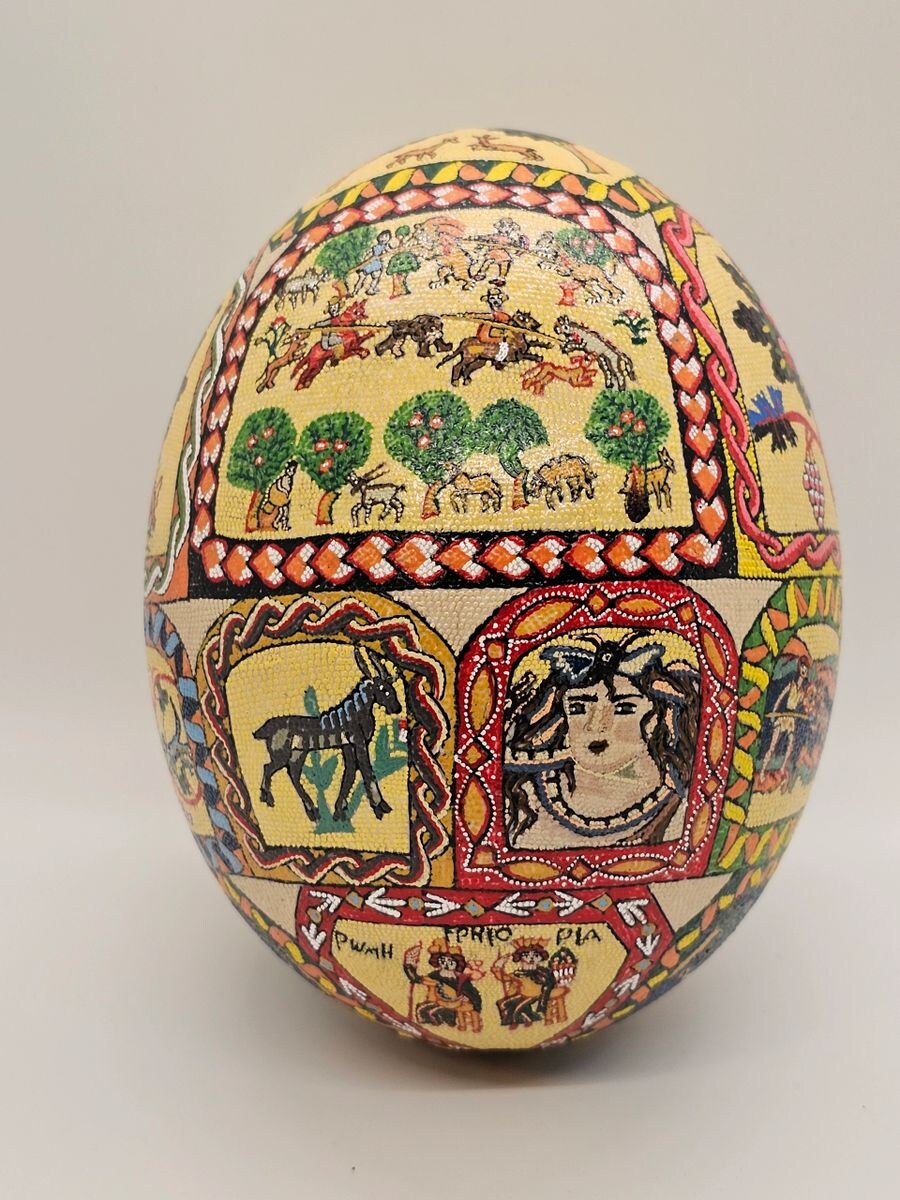 Hand Painted Mosaic Hand Decorated Ostrich Egg Signed High Quality