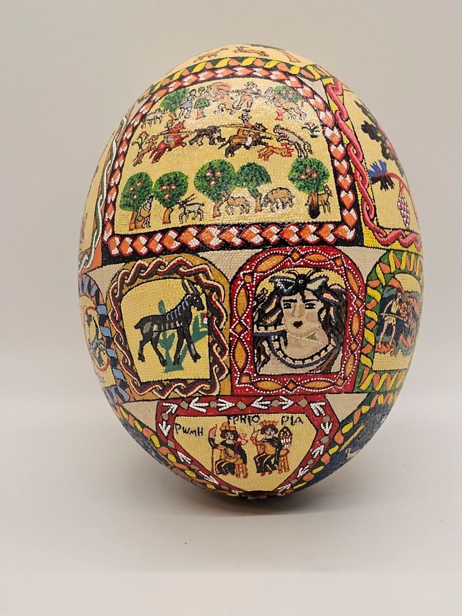 Hand Painted Mosaic Hand Decorated Ostrich Egg Signed High Quality