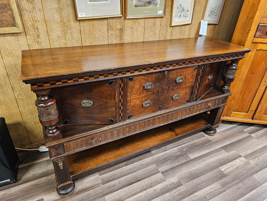 Antique Oak Sideboard Cabinet W Carved Columns & Checkered Inlay 3 Drawers Local Pick Up