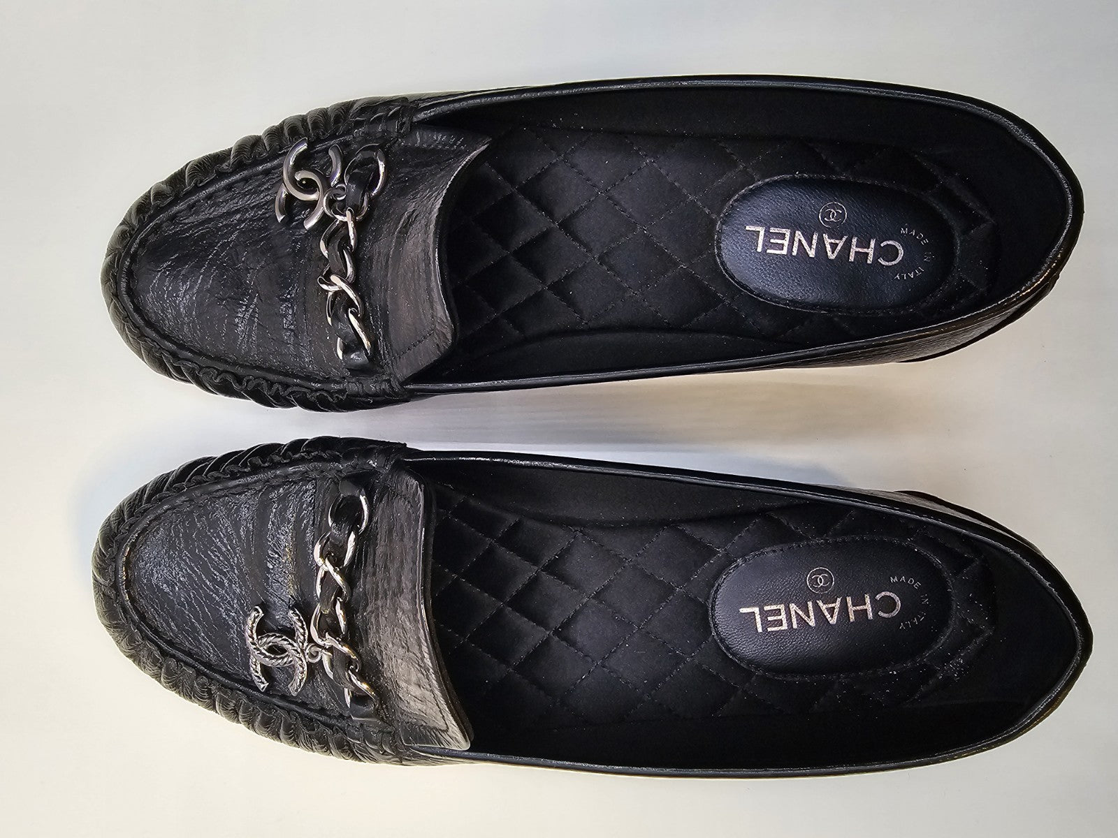 Chanel Loafers Size 37 Crinkled Patent Calfskin Black Used Good Condition 