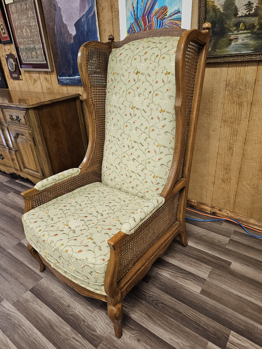 Vtg Wood & Cane Wing Accent Chair With Embroidered Floral And Leaf Design 