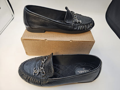 Chanel Loafers Size 37 Crinkled Patent Calfskin Black Used Good Condition 