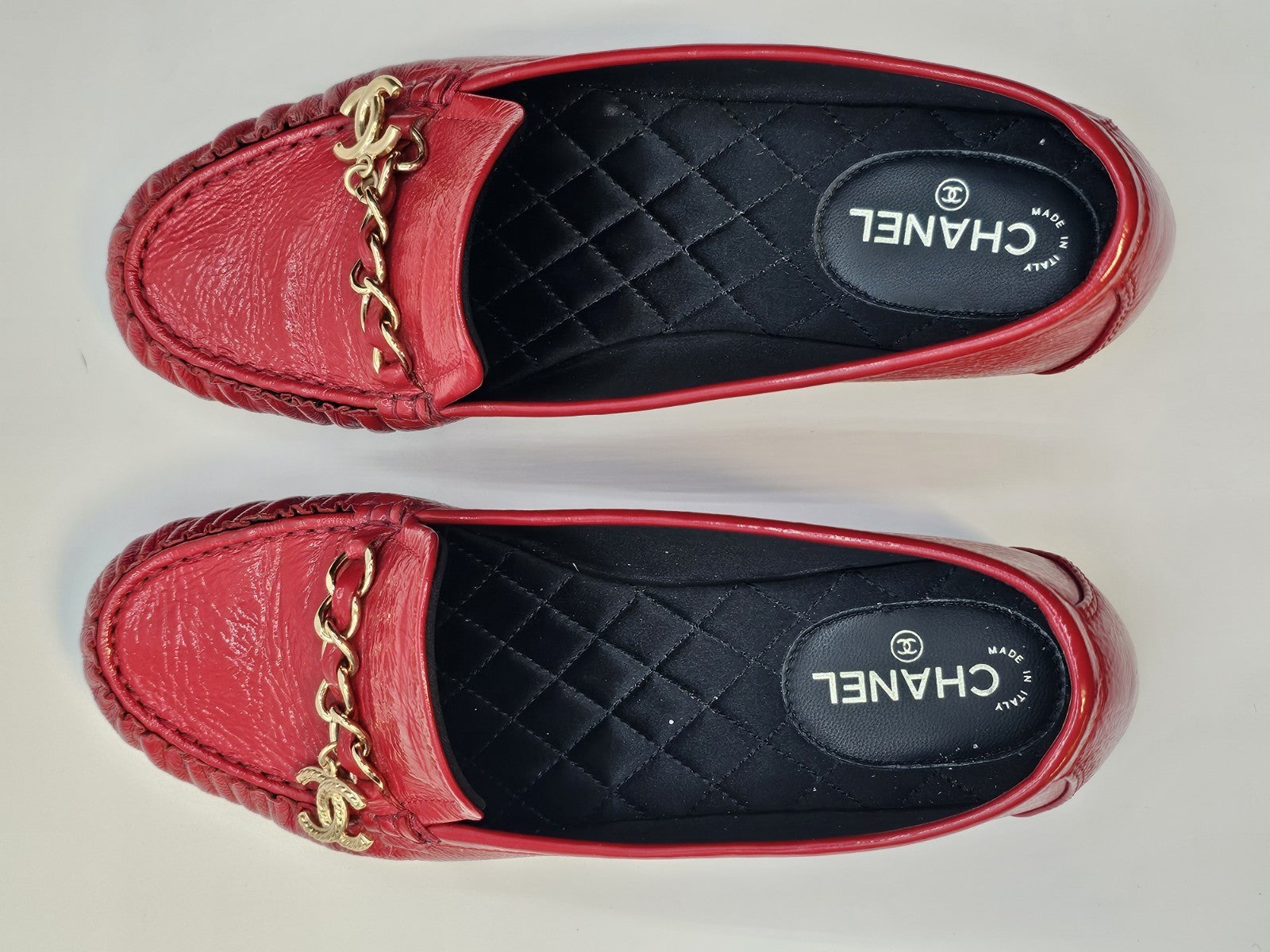 Chanel Loafers Size 37 Crinkled Patent Calfskin Red Used Good Condition 